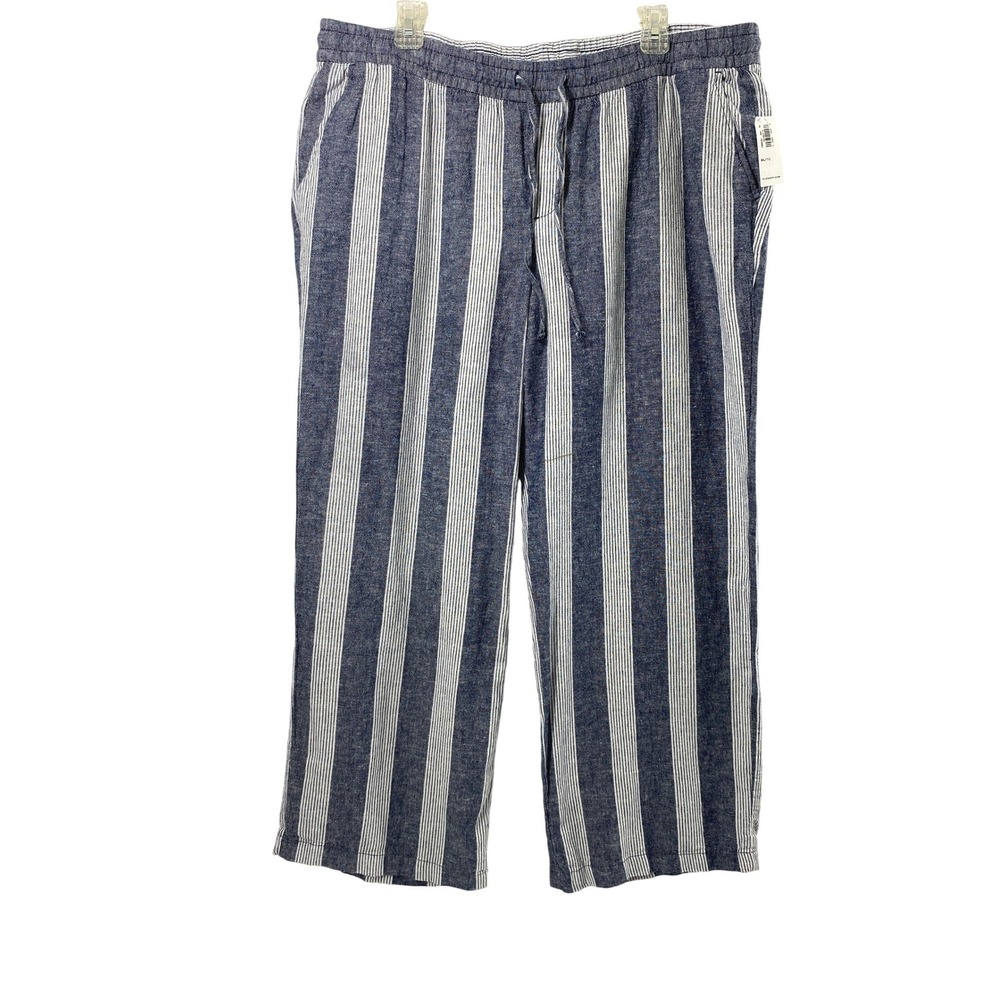 Womens Linen Blend Pants XL Blue White Stripe‎ Wide Leg Coastal Nautical Summer
